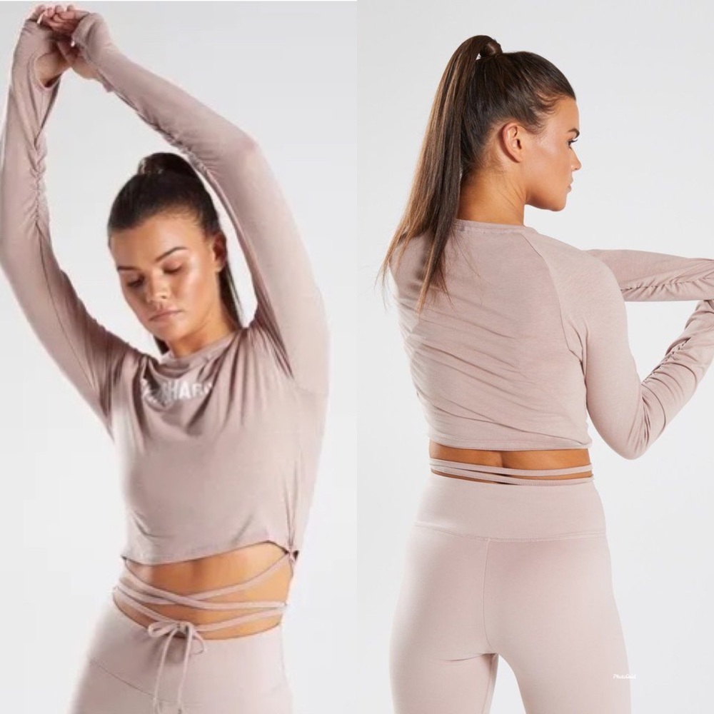 NWT Gymshark Long Sleeve Ribbon Crop Top Taupe M